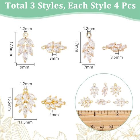 UNICRAFTALE حوالي 12 قطعة 3 أنماط من أوراق حجر الراين سحر القمح سحر القمح كريستال المعلقات مكعب زركونيا شجرة يترك سحر ضوء الذهب المعلقات سحر القرط ل DIY سوار قلادة صنع المجوهرات in Kuwait