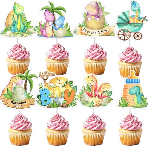32Pcs Dinosaur Cupcake Toppers, It's A Boy Baby Shower Decorations, Dinosaur Theme Cake Toppers for Baby Shower Party Supplies, Hatching Dino Gender Reveal in Saudi Arabia
