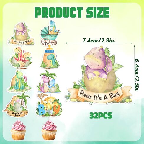 32Pcs Dinosaur Cupcake Toppers, It's A Boy Baby Shower Decorations, Dinosaur Theme Cake Toppers for Baby Shower Party Supplies, Hatching Dino Gender Reveal in Saudi Arabia