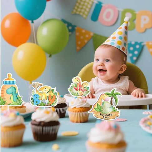 32Pcs Dinosaur Cupcake Toppers, It's A Boy Baby Shower Decorations, Dinosaur Theme Cake Toppers for Baby Shower Party Supplies, Hatching Dino Gender Reveal in Saudi Arabia