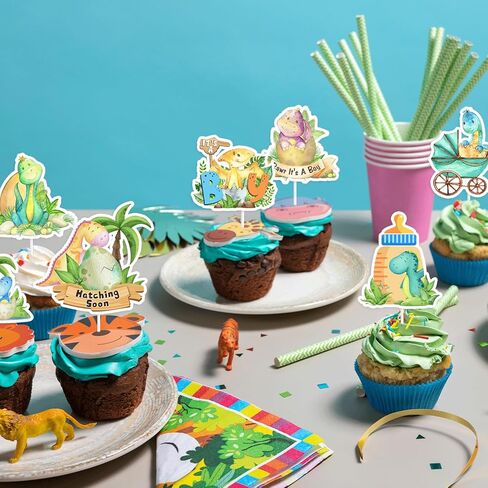 32Pcs Dinosaur Cupcake Toppers, It's A Boy Baby Shower Decorations, Dinosaur Theme Cake Toppers for Baby Shower Party Supplies, Hatching Dino Gender Reveal in Saudi Arabia