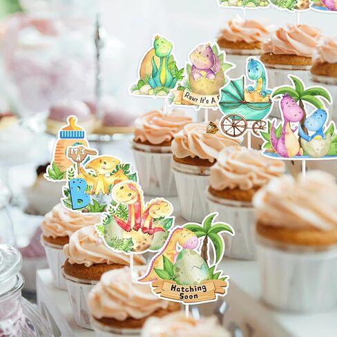 32Pcs Dinosaur Cupcake Toppers, It's A Boy Baby Shower Decorations, Dinosaur Theme Cake Toppers for Baby Shower Party Supplies, Hatching Dino Gender Reveal in Saudi Arabia