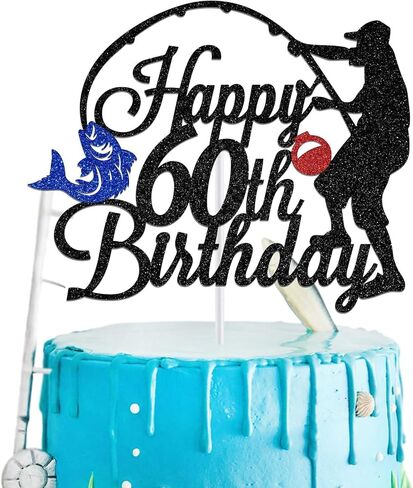غلاف كعكة عيد الميلاد الستين السعيد للصياد، أسطورة منذ عام 1965 للرجل، ديكورات صيد السمك، لوازم حفلات عيد ميلاد الصياد 60 عامًا، لمعان أسود in Saudi Arabia