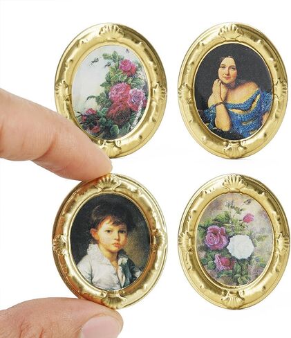 Odoria Dollhouse Wall Art Miniature: 1/12 Scale Framed Picture Oval for Victorian Vintage Living Room - Mini Painting Golden Antique for Gallery - Tiny Portrait Flower Artwork Paper 4Pcs in Saudi Arabia