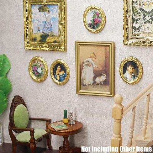 Odoria Dollhouse Wall Art Miniature: 1/12 Scale Framed Picture Oval for Victorian Vintage Living Room - Mini Painting Golden Antique for Gallery - Tiny Portrait Flower Artwork Paper 4Pcs in Saudi Arabia