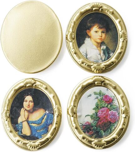 Odoria Dollhouse Wall Art Miniature: 1/12 Scale Framed Picture Oval for Victorian Vintage Living Room - Mini Painting Golden Antique for Gallery - Tiny Portrait Flower Artwork Paper 4Pcs in Saudi Arabia