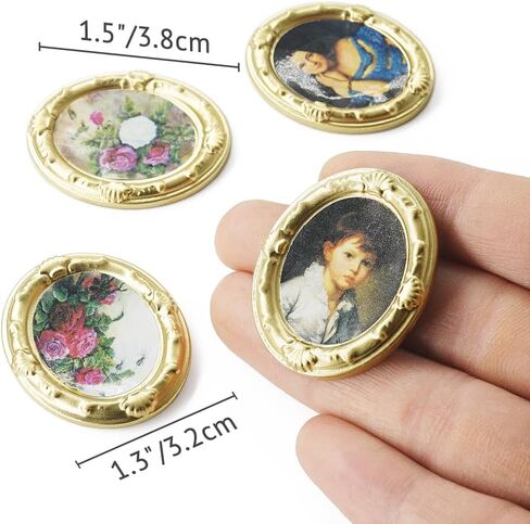 Odoria Dollhouse Wall Art Miniature: 1/12 Scale Framed Picture Oval for Victorian Vintage Living Room - Mini Painting Golden Antique for Gallery - Tiny Portrait Flower Artwork Paper 4Pcs in Saudi Arabia