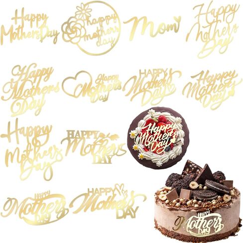 12 Pcs Happy Mother's Day Cake Topper Acrylic Gold Heart Shaped Cake Accessories for Birthday Cake Decoration Party Supplies in Saudi Arabia