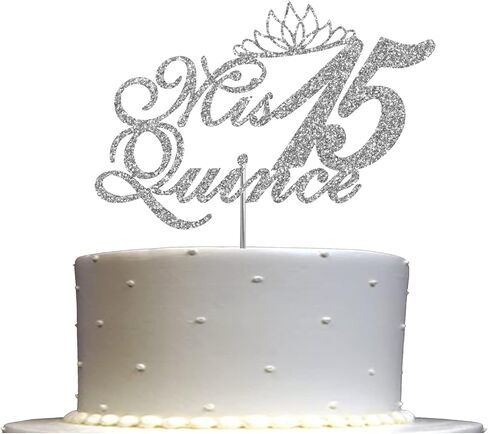Mis Quince 15 Quinceanera Glitter Cake Topper, Fifteen Birthday Party Decorations Ideas, Premium Quality Decoration, Sturdy Doubled Sided Glitter, Acrylic Stick. Made in USA (Silver) in Saudi Arabia