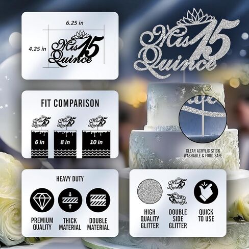 Mis Quince 15 Quinceanera Glitter Cake Topper, Fifteen Birthday Party Decorations Ideas, Premium Quality Decoration, Sturdy Doubled Sided Glitter, Acrylic Stick. Made in USA (Silver) in Saudi Arabia