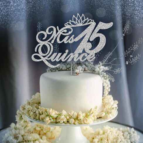 Mis Quince 15 Quinceanera Glitter Cake Topper, Fifteen Birthday Party Decorations Ideas, Premium Quality Decoration, Sturdy Doubled Sided Glitter, Acrylic Stick. Made in USA (Silver) in Saudi Arabia