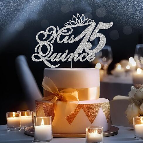 Mis Quince 15 Quinceanera Glitter Cake Topper, Fifteen Birthday Party Decorations Ideas, Premium Quality Decoration, Sturdy Doubled Sided Glitter, Acrylic Stick. Made in USA (Silver) in Saudi Arabia