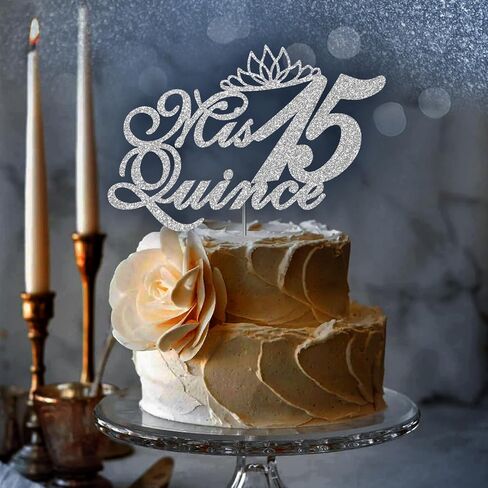Mis Quince 15 Quinceanera Glitter Cake Topper, Fifteen Birthday Party Decorations Ideas, Premium Quality Decoration, Sturdy Doubled Sided Glitter, Acrylic Stick. Made in USA (Silver) in Saudi Arabia