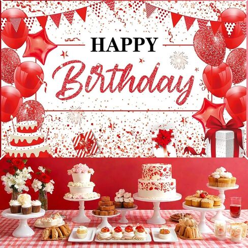 Red White Happy Birthday Banner Decorations Large Red Birthday Banner Red White Birthday Sign Backdrop Background Photography Banner for Men Women Girls Birthday Party Supplies in Saudi Arabia