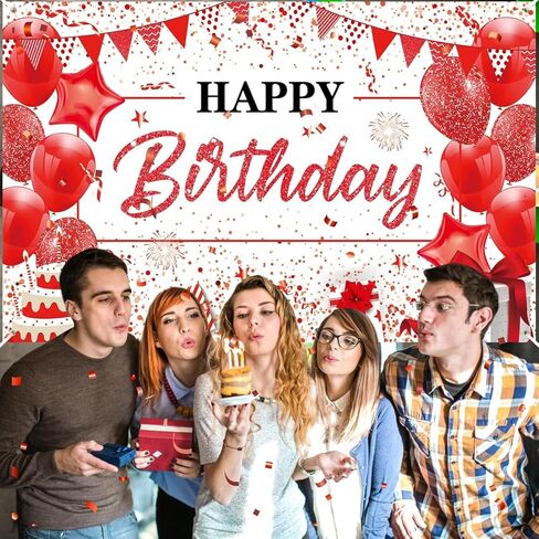 Red White Happy Birthday Banner Decorations Large Red Birthday Banner Red White Birthday Sign Backdrop Background Photography Banner for Men Women Girls Birthday Party Supplies in Saudi Arabia