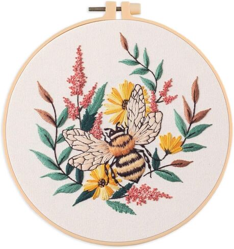 مجموعة تطريز IUHUI للمبتدئين البالغين - نحلة مجتهدة مع أنماط سهلة ساحرة مشغولة، مجموعة تطريز يدوية ذاتية الصنع مع طوق (زهور النحل البيضاء) in Kuwait