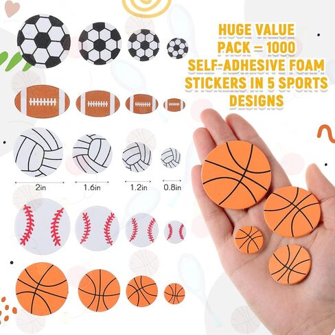 1000 Pcs Foam Sports Stickers Self-Adhesive 100 Days Party Favor Foam Stickers Bulk Including Soccer Basketball Baseball Volleyball Football Sports Party Favors for Arts Crafts Decor Supply in Saudi Arabia
