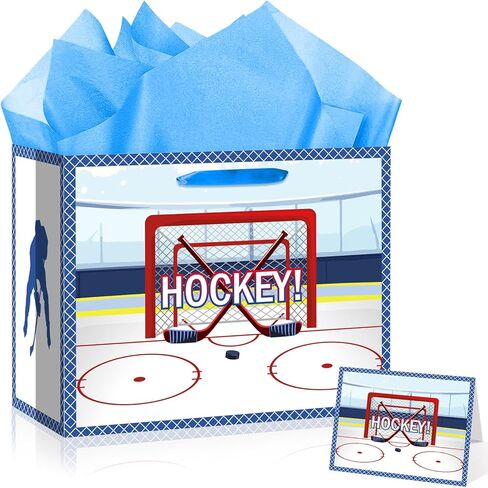 Hockey Birthday Gift Bag Ice Hockey Wrapping Paper with Tissue Paper Greeting Card Birthday Party Decorations Supplies for Boys Girls Kids Teens Men Sports Fans Sport Themed Team Decor Baby Shower in Saudi Arabia