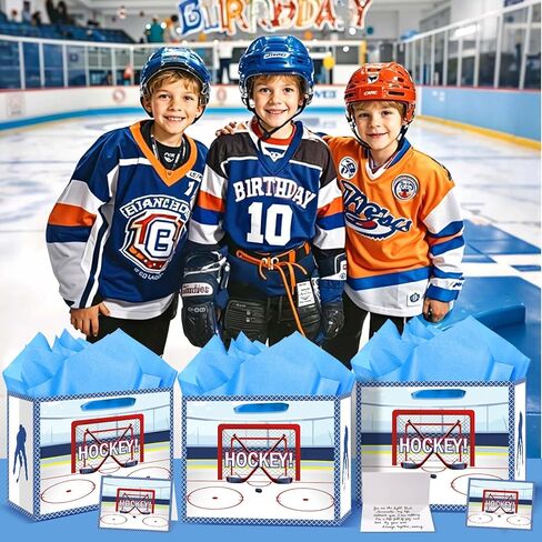 Hockey Birthday Gift Bag Ice Hockey Wrapping Paper with Tissue Paper Greeting Card Birthday Party Decorations Supplies for Boys Girls Kids Teens Men Sports Fans Sport Themed Team Decor Baby Shower in Saudi Arabia