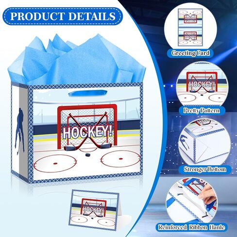Hockey Birthday Gift Bag Ice Hockey Wrapping Paper with Tissue Paper Greeting Card Birthday Party Decorations Supplies for Boys Girls Kids Teens Men Sports Fans Sport Themed Team Decor Baby Shower in Saudi Arabia