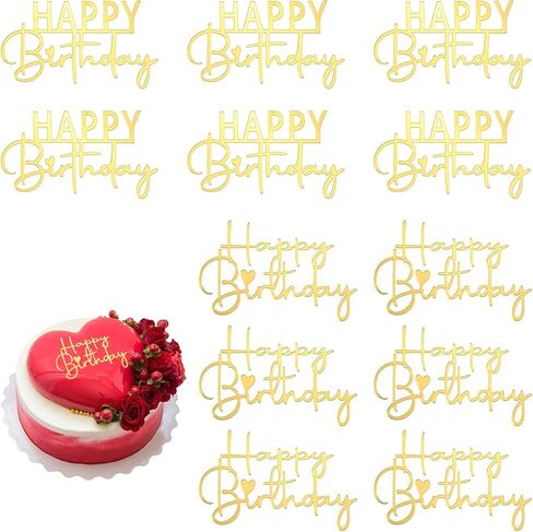 12 PCS Gold Happy Birthday Cake Topper Acrylic Cupcake Topper Double-Sided Birthday Cake Toppers Side Cupcake Decorations Cakes Charm Supplies for Girls Women's Party Dessert in Saudi Arabia