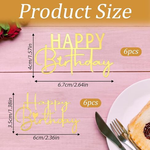12 PCS Gold Happy Birthday Cake Topper Acrylic Cupcake Topper Double-Sided Birthday Cake Toppers Side Cupcake Decorations Cakes Charm Supplies for Girls Women's Party Dessert in Saudi Arabia