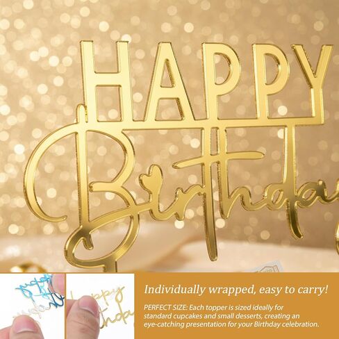 12 PCS Gold Happy Birthday Cake Topper Acrylic Cupcake Topper Double-Sided Birthday Cake Toppers Side Cupcake Decorations Cakes Charm Supplies for Girls Women's Party Dessert in Saudi Arabia