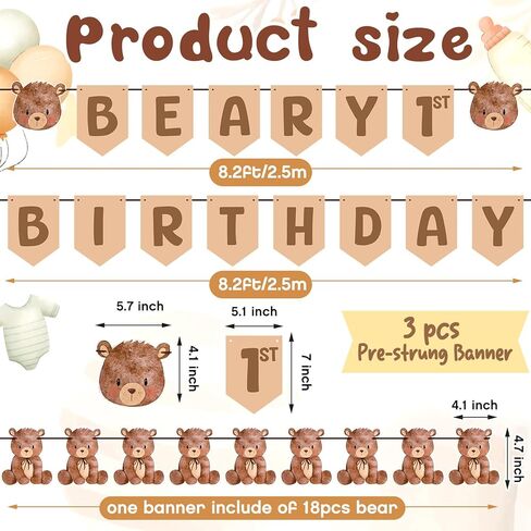 Epakh 3 Pcs Bear Birthday Party Decoration Beary first birthday banner Cute 1st Bear party Supplies Wall Hangings for Nursery, Play Room, Dorm Room, Baby Shower Gender Reveal decor in Saudi Arabia