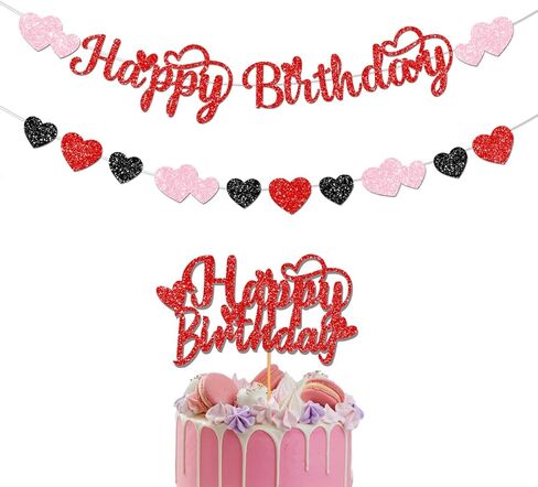 Glitter Happy Birthday Valentines Decorations Banner Red Pink Valentine Party with cake topper for Valentine's Decor in Kuwait