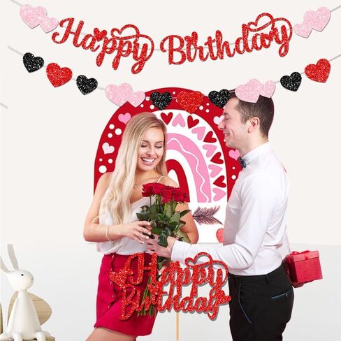Glitter Happy Birthday Valentines Decorations Banner Red Pink Valentine Party with cake topper for Valentine's Decor in Kuwait