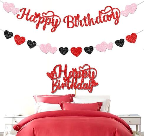 Glitter Happy Birthday Valentines Decorations Banner Red Pink Valentine Party with cake topper for Valentine's Decor in Kuwait