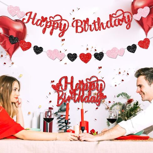 Glitter Happy Birthday Valentines Decorations Banner Red Pink Valentine Party with cake topper for Valentine's Decor in Kuwait
