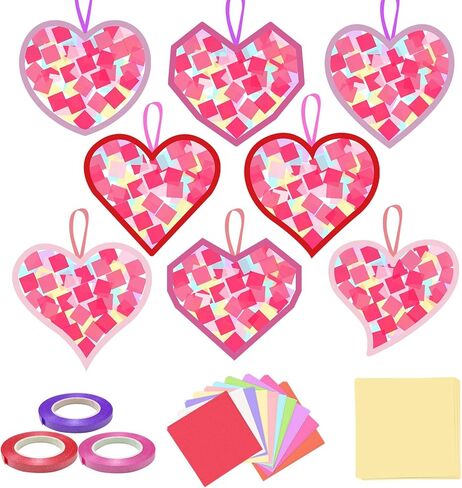 kopooeoe 48 مجموعات عيد الحب suncatchers الحرفية diy القلب المناديل الورقية الحرف مجموعات عيد الحب الأحمر الوردي الأرجواني القلب شنقا الزينة للفصل الدراسي نافذة المنزل الزجاج الملون تأثير اللوازم الفنية in Kuwait