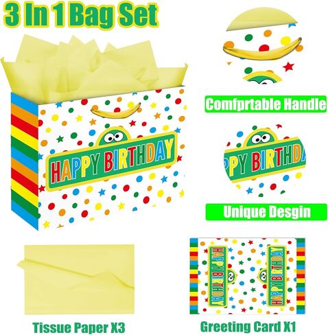 13" Large Cartoon Friends Party Supplies Gift Bag Set with Greeting Card and Tissue Papers, Green Blue Red Happy Birthday Gift Bags for Street Theme Party Birthday Celebration. in Saudi Arabia