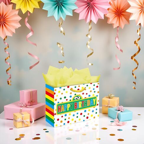 13" Large Cartoon Friends Party Supplies Gift Bag Set with Greeting Card and Tissue Papers, Green Blue Red Happy Birthday Gift Bags for Street Theme Party Birthday Celebration. in Saudi Arabia