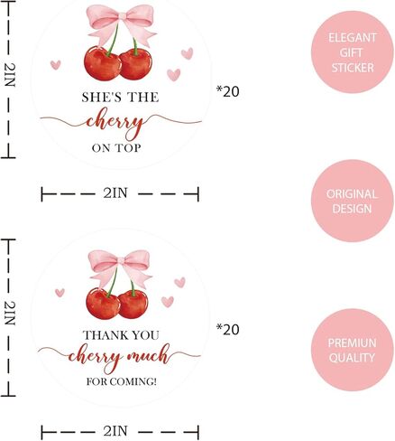 40pcs Cherry Thank You Stickers, She's The Cherry On Top Round Stickers, Thank You Berry Much Round Labels for Bridal Shower/1st Birthday Party Favors in Saudi Arabia