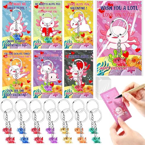 HyDren 28 Packs Valentine Kawaii Axolotl Greeting Cards with Keychains Gift for Kids Birthday Party Classroom Prizes Exchange (Opaque,Bright Color) in Saudi Arabia