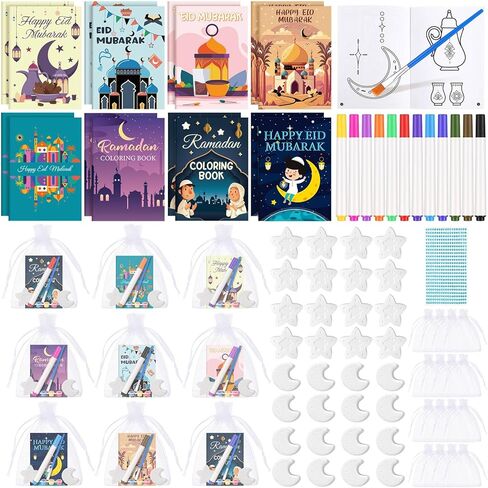 Gueevin 61 Pcs Ramadan Coloring Books Bulk for Kids Eid Mubarak DIY Islamic Ramadan Star Moon Gypsum Stickers Pens Art Set Craft Kits for Eid Holiday Activity Goodie Bags Stuffers Party Favors Gifts in Saudi Arabia