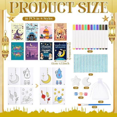 Gueevin 61 Pcs Ramadan Coloring Books Bulk for Kids Eid Mubarak DIY Islamic Ramadan Star Moon Gypsum Stickers Pens Art Set Craft Kits for Eid Holiday Activity Goodie Bags Stuffers Party Favors Gifts in Saudi Arabia