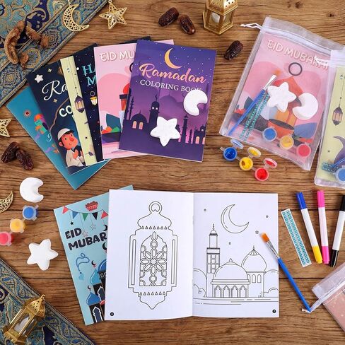 Gueevin 61 Pcs Ramadan Coloring Books Bulk for Kids Eid Mubarak DIY Islamic Ramadan Star Moon Gypsum Stickers Pens Art Set Craft Kits for Eid Holiday Activity Goodie Bags Stuffers Party Favors Gifts in Saudi Arabia