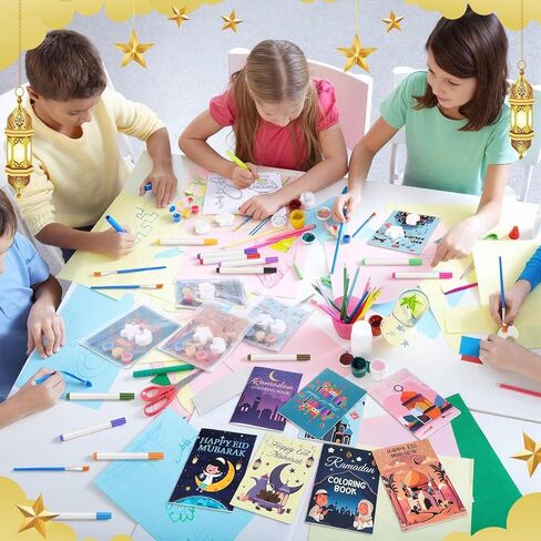 Gueevin 61 Pcs Ramadan Coloring Books Bulk for Kids Eid Mubarak DIY Islamic Ramadan Star Moon Gypsum Stickers Pens Art Set Craft Kits for Eid Holiday Activity Goodie Bags Stuffers Party Favors Gifts in Saudi Arabia