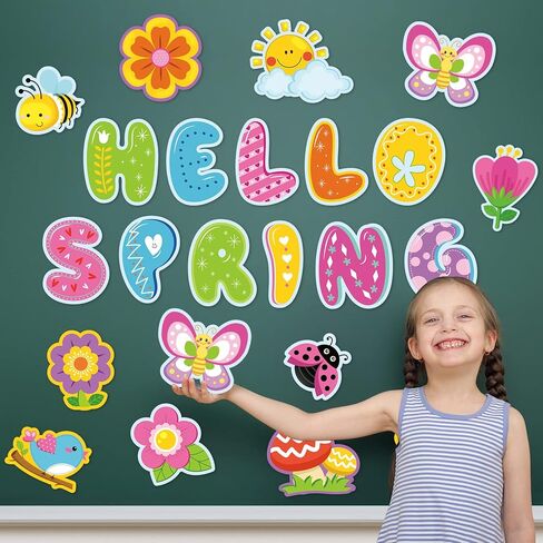 Hello Spring Cut-Outs Spring Flower Cut Outs Bulletin Board Decoration with 100 Pcs Glue Points for School Classroom Game Party Supplies (Spring Style, 44 Pcs) in Saudi Arabia