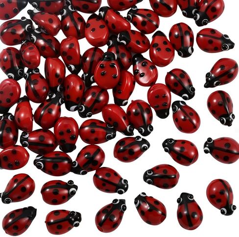 1 صندوق 60 قطعة من الخرز الزجاجي الأحمر الأسود الخنفساء المصنوع يدويًا مع ثقوب حشرات الخنفساء اللطيفة على شكل حيوان حديقة ساحرة خرزة فاصل لصنع المجوهرات والأساور والديكورات اليدوية in Kuwait