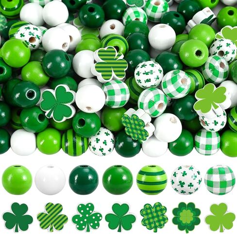 Whaline 207 قطعة من الخرز الخشبي لعيد القديس باتريك، خرز دائري فضفاض، شريط أخضر منقوش منقط، خرز حرفي على شكل نبات النفل لصنع سوار قلادة أيرلندي، ديكور منزلي للعطلات in Kuwait