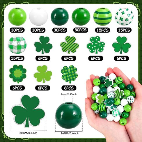 Whaline 207 قطعة من الخرز الخشبي لعيد القديس باتريك، خرز دائري فضفاض، شريط أخضر منقوش منقط، خرز حرفي على شكل نبات النفل لصنع سوار قلادة أيرلندي، ديكور منزلي للعطلات in Kuwait