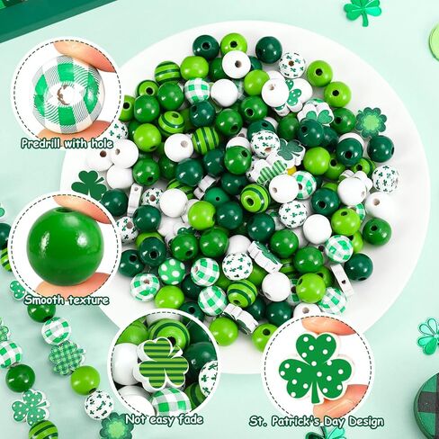 Whaline 207 قطعة من الخرز الخشبي لعيد القديس باتريك، خرز دائري فضفاض، شريط أخضر منقوش منقط، خرز حرفي على شكل نبات النفل لصنع سوار قلادة أيرلندي، ديكور منزلي للعطلات in Kuwait