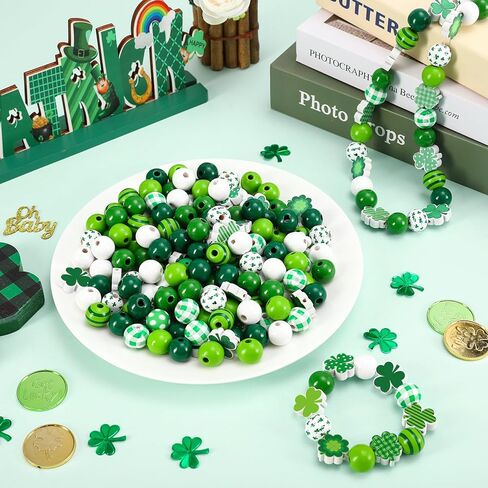 Whaline 207 قطعة من الخرز الخشبي لعيد القديس باتريك، خرز دائري فضفاض، شريط أخضر منقوش منقط، خرز حرفي على شكل نبات النفل لصنع سوار قلادة أيرلندي، ديكور منزلي للعطلات in Kuwait