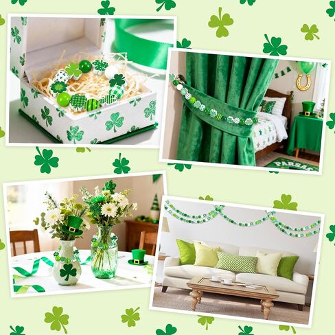 Whaline 207 قطعة من الخرز الخشبي لعيد القديس باتريك، خرز دائري فضفاض، شريط أخضر منقوش منقط، خرز حرفي على شكل نبات النفل لصنع سوار قلادة أيرلندي، ديكور منزلي للعطلات in Kuwait