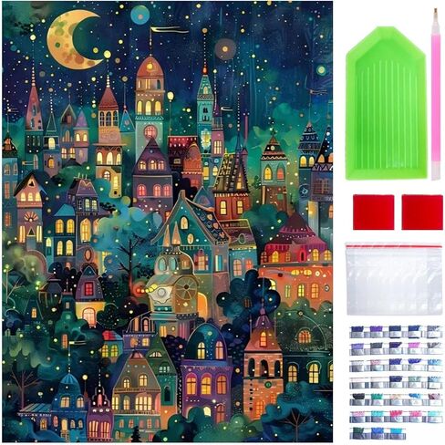 5D Diamond Art Painting, DIY Night Town Round Diamond Painting Kits for Adults Beginners, Crystal Rhinestones for Home Wall Decoration Gift, 30x40cm/11.8×15.7in in Saudi Arabia