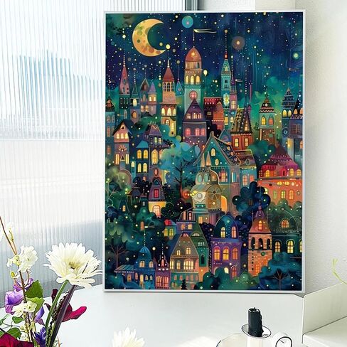 5D Diamond Art Painting, DIY Night Town Round Diamond Painting Kits for Adults Beginners, Crystal Rhinestones for Home Wall Decoration Gift, 30x40cm/11.8×15.7in in Saudi Arabia